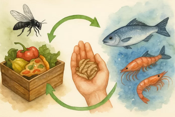 Ilustração em aquarela mostrando o ciclo sustentável com larvas de mosca soldado negro: alimentos orgânicos descartados, larvas em uma mão e organismos aquáticos como peixe e camarões, todos interligados por setas verdes.