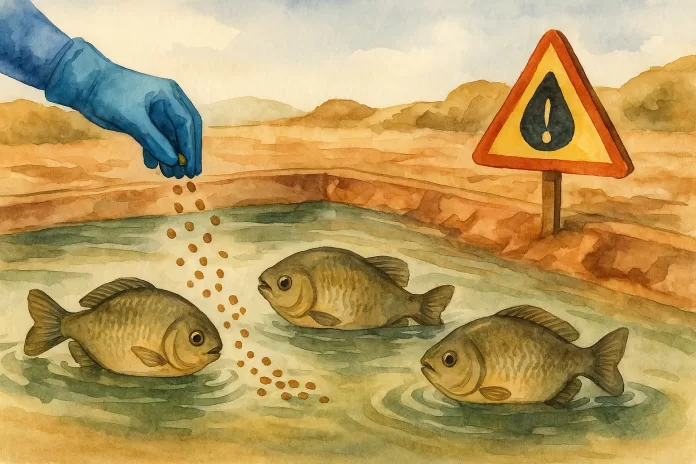 Ilustração em aquarela horizontal de viveiro de peixes em ambiente seco, com três peixes redondos nadando em pouca água, uma mão com luva azul lançando ração e placa triangular com símbolo de alerta para escassez hídrica.