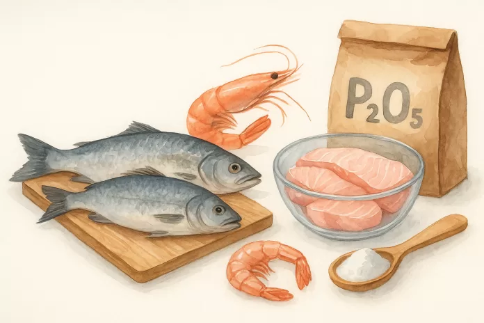 Ilustração em aquarela horizontal de dois peixes inteiros sobre tábua de madeira, camarões ao redor, tigela de vidro com filés de peixe e uma colher de madeira com pó branco ao lado de um saco de papel sem rótulo.
