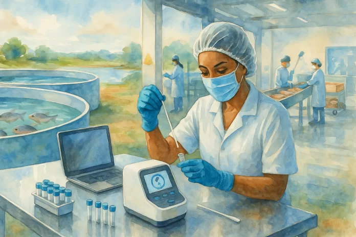 Técnica PCR portátil aplicada na aquicultura brasileira para detecção rápida de patógenos no pescado, com profissional de EPI coletando amostras ao lado de tanques de tilápia e linha de processamento higiênica, em aquarela.