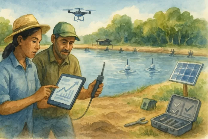 Aquarela em orientação horizontal mostrando dois produtores brasileiros em fazenda de camarão usando tablet e sonda de medição à beira do viveiro, com bóias de monitoramento, aeradores, drone e painel solar ao fundo, sem qualquer texto na imagem.