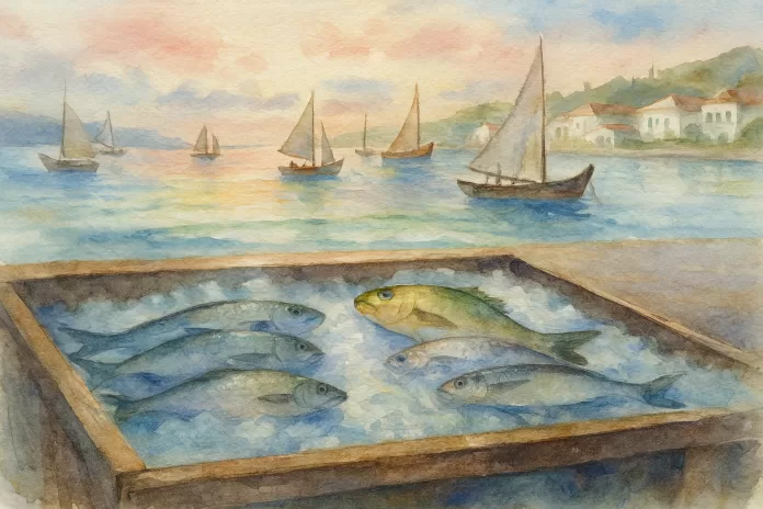 Caixa com peixes frescos sobre gelo em frente ao mar com barcos de pesca ao pôr do sol.