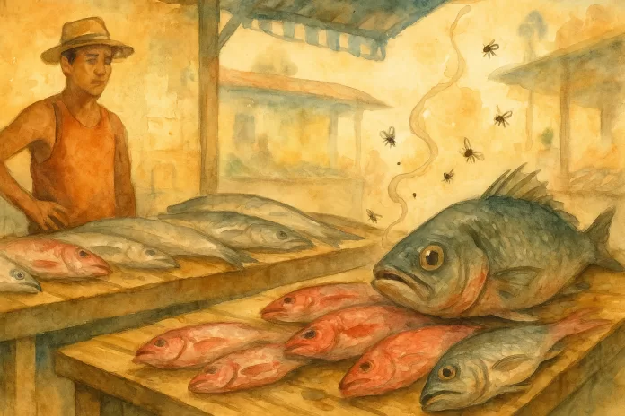 Peixes expostos sem refrigeração em um mercado ao ar livre, com sinais de deterioração e moscas ao redor.