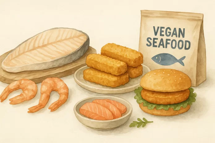 Ilustração em aquarela horizontal com diversos produtos veganos que imitam pescados, incluindo filé vegetal, camarões, sashimi, hambúrguer e empanados dispostos sobre pratos e tábuas em fundo claro.