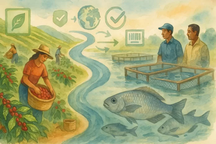 Ilustração em aquarela mostrando, à esquerda, colheita de café em morros brasileiros e, à direita, viveiros de tilápia com técnicos observando; um rio liga as duas cenas enquanto ícones genéricos de sustentabilidade, rastreabilidade e comércio internacional flutuam ao fundo.