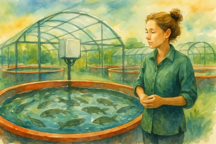 Ilustração em aquarela de tanques circulares de cultivo de peixes e camarões com tecnologia de bioflocos, com jovens observando o sistema em ambiente rural e sustentável.