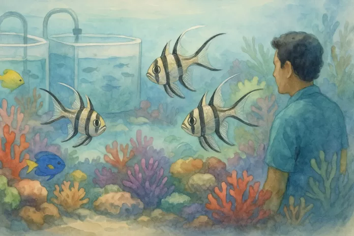 Peixes ornamentais marinhos em aquário sustentável com corais, estilo aquarela