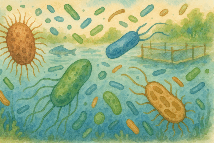 Ilustração de bactérias coloridas em ambiente aquático com tanques de cultivo de peixes ao fundo.