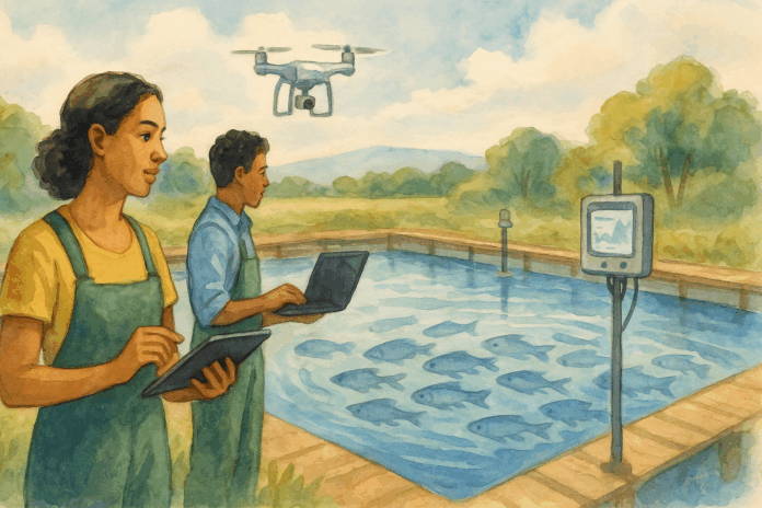 Dois trabalhadores de aquicultura monitorando um viveiro de peixes com uso de drone, tablet, laptop e sensores modernos ao redor da água.