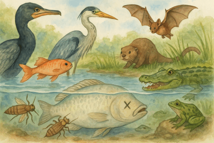 Ilustração de animais e peixes em um ecossistema aquático, incluindo ave, jacaré, lontra, morcego e insetos.