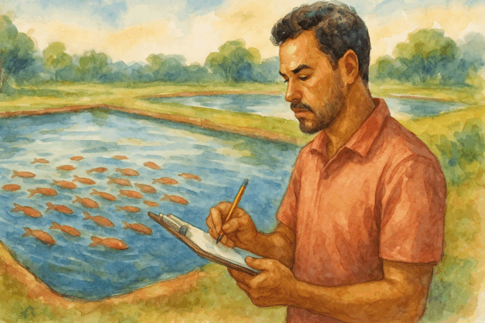 Piscicultor brasileiro anotando dados financeiros à beira de viveiro de peixes.