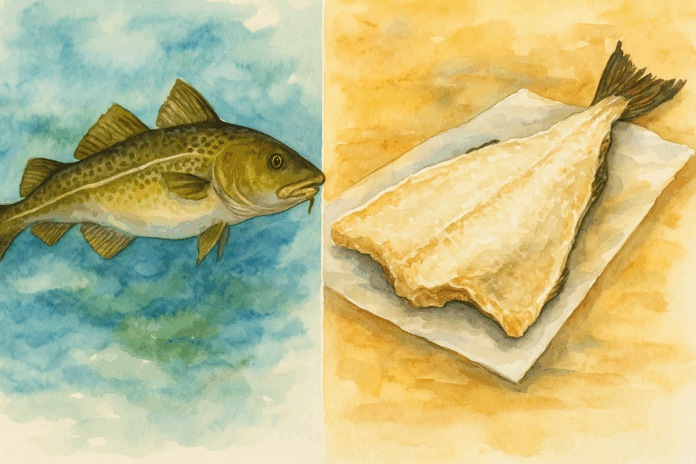 Ilustração em aquarela mostrando à esquerda um bacalhau fresco nadando e à direita um filé de bacalhau salgado sobre papel.