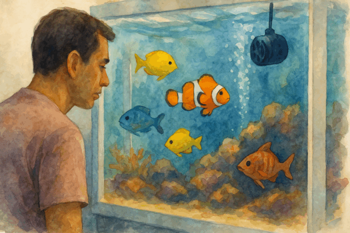Homem observa atentamente um aquário marinho com peixes coloridos, incluindo um peixe-palhaço, enquanto bolhas e equipamentos filtram a água.
