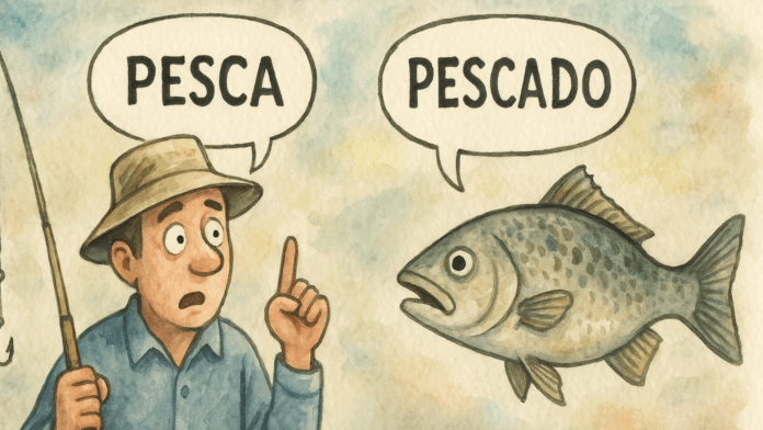 Ilustração que representa a confusão nos conceitos de pesca e pescado. (Gerada por IA)