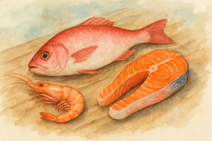 Peixe inteiro, filé de salmão e camarão dispostos sobre superfície de madeira, ilustrados em aquarela.