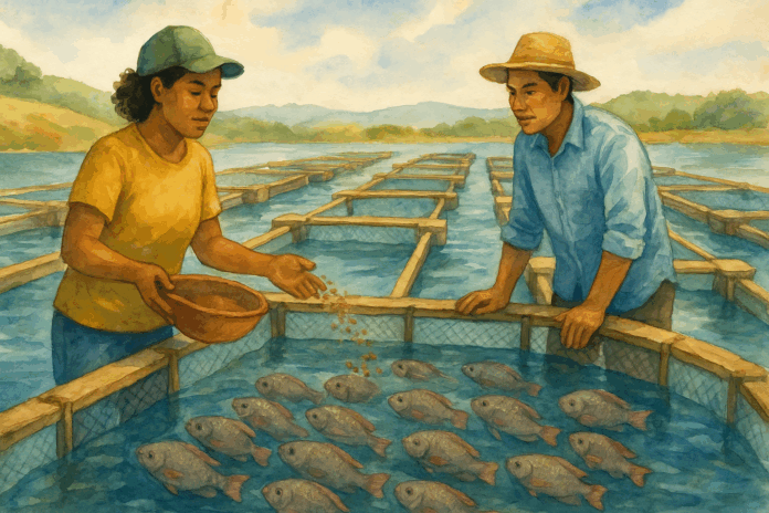 Trabalhadores brasileiros alimentando tilápias em viveiros flutuantes em uma piscicultura, com paisagem natural ao fundo.