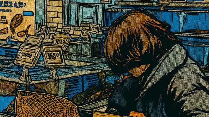 Pessoa observando tanques de pescado vivo em mercado atacadista, com placas de preços expostas.