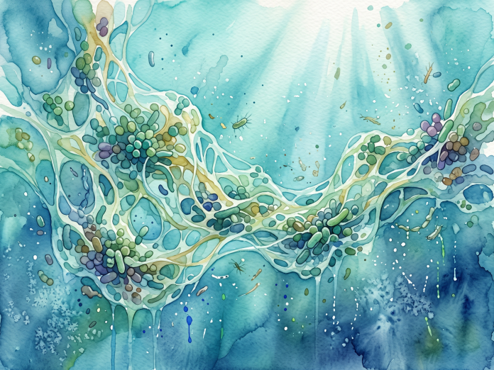 Ilustração de bactérias coloridas em ambiente aquático.
