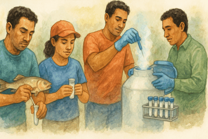 Equipe de técnicos realizando coleta, congelamento e armazenamento de sêmen de peixes em laboratório de piscicultura.