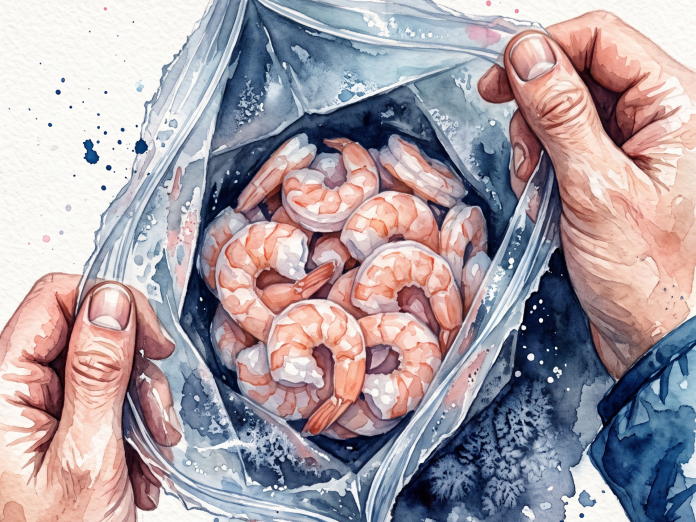 Ilustração em aquarela, perspectiva POV olhando para dentro de um saco de supermercado aberto contendo camarões descascados congelados e cobertos de gelo.