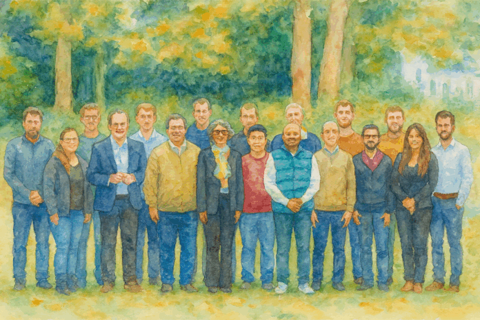 Grupo de dezessete pessoas posando ao ar livre em um parque, com árvores ao fundo e clima ameno, em estilo de pintura aquarela.