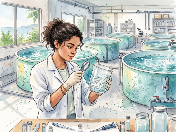 Técnico analisando amostra de pós-larva em béquer de vidro dentro de laboratório de carcinicultura com tanques ao fundo.