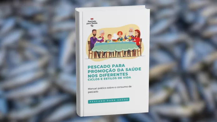 Ilustração colorida de uma família multigeracional reunida ao redor de uma mesa, compartilhando uma refeição com pratos à base de pescado. A imagem é a capa da cartilha intitulada “Pescado para Promoção da Saúde nos Diferentes Ciclos e Estilos de Vida”.