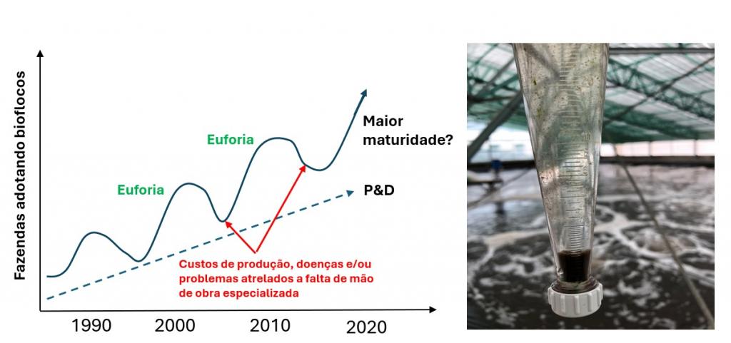 Gráfico com curvas de adoção do sistema de bioflocos entre 1990 e 2020, com indicações de euforia, queda por custos e doenças, e imagem de um cone Imhoff contendo bioflocos em frente a tanque de cultivo
