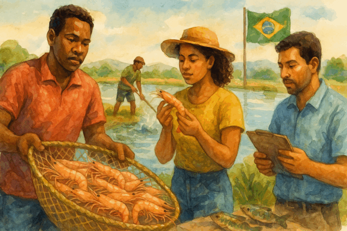 Produtores analisando camarões colhidos em viveiro com bandeira do Brasil ao fundo