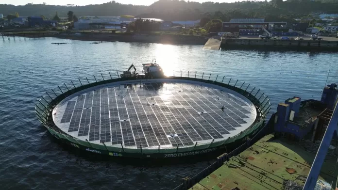 sistema solar flutuante para criação de salmão no Chile