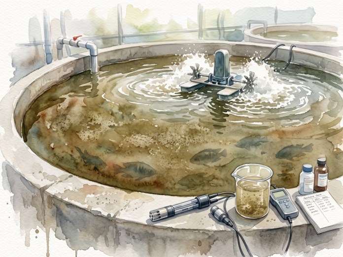Tanque de cultivo em bioflocos em aquarela com aerador em funcionamento e peixes sob a água turva.