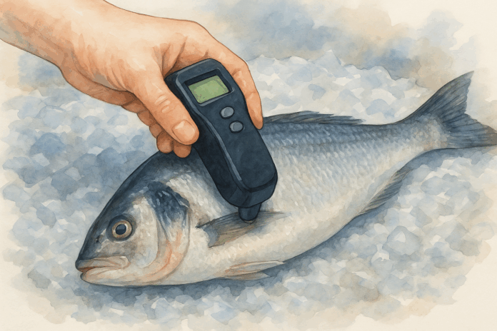 Dispositivo Torrymeter avaliando frescor de um peixe sobre gelo