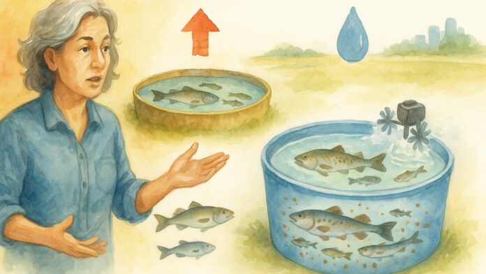 Produtora explicando sobre cultivo de peixes em sistema Biofloc com tanques circulares