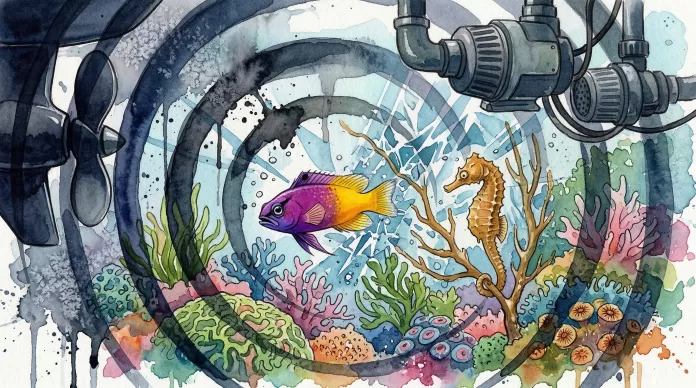 Ilustração em aquarela de um peixe Gramma brasileiro e um cavalo-marinho nativo visivelmente estressados em um recife de coral, sendo atingidos por ondas sonoras escuras e caóticas que representam a poluição sonora de motores de barcos e equipamentos de aquário.