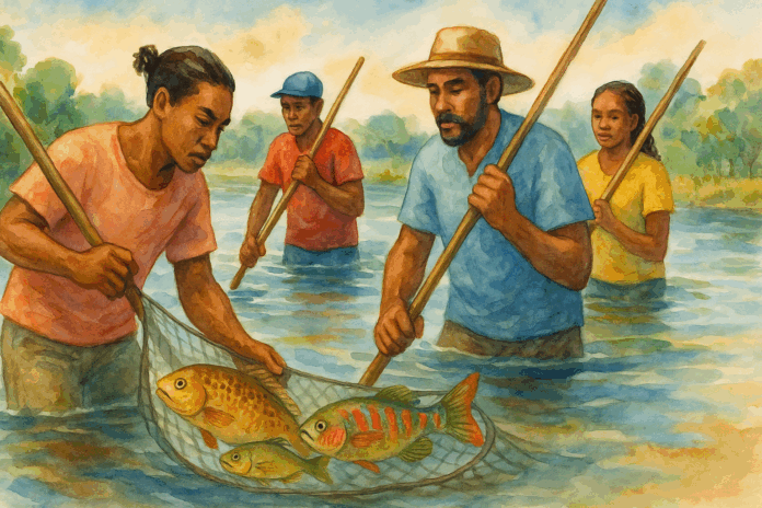 Jovens e profissionais pescadores coletando peixes em rede em projeto de formação