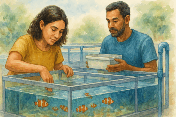 Dois profissionais trabalham em sistema de aquicultura ornamental marinha, analisando tanques com peixes-palhaço em ambiente sustentável ao ar livre.