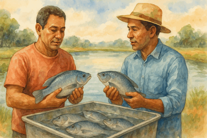 Dois aquicultores segurando tilápias recém-pescadas em frente a um tanque com mais peixes, em uma área de criação ao ar livre.