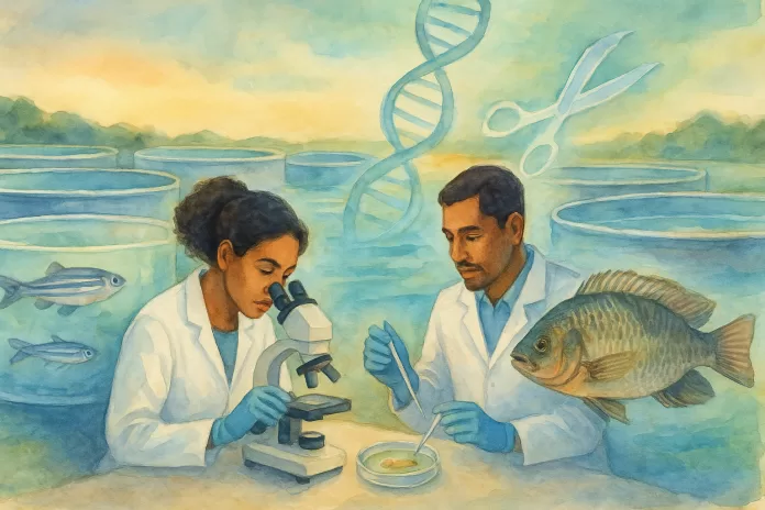 Aquarela em orientação horizontal mostrando pesquisadores brasileiros em laboratório junto a viveiros de aquicultura; uma cientista observa embriões de peixe ao microscópio enquanto outro utiliza pipeta; tanques com tilápias e zebrafish ao fundo e um DNA luminoso com formas de “tesoura” sugerem a edição genômica; sem textos ou logotipos.