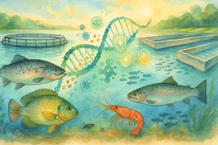 Ilustração em aquarela mostrando um viveiro aquícola com salmão, tilápia, truta e um camarão nadando, enquanto uma dupla hélice de DNA formada por grãos de ração cruza a água com elementos que remetem a microbiota e à imunidade.