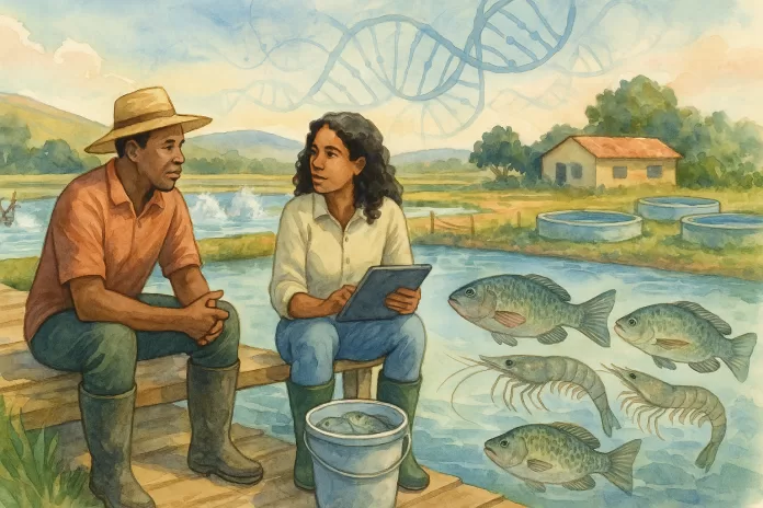 lustração em aquarela de uma fazenda aquícola brasileira: um produtor e uma geneticista conversam sentados em um píer ao lado de um balde com alevinos de tilápia e pós-larvas de camarão; ao fundo, viveiros com aeradores, tanques circulares e um sutil símbolo de DNA no céu.