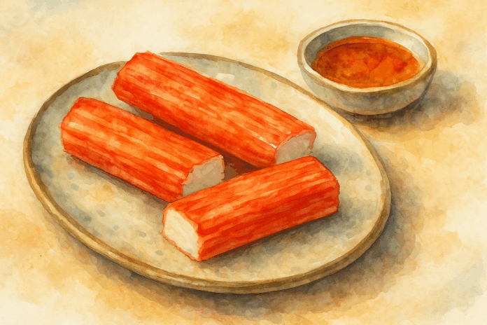 Bastonetes de surimi em prato com molho ao lado