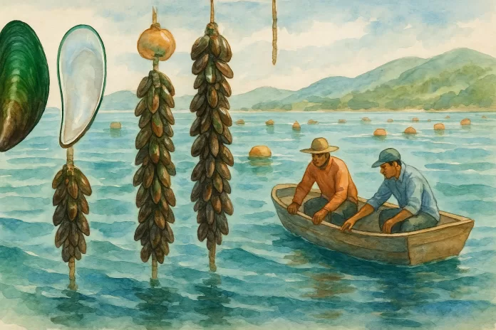 Fazenda marinha no litoral brasileiro em aquarela, com cordas e flutuadores cobertos por mexilhões; conchas esverdeadas de Perna viridis misturadas às marrom-escuras de Perna perna, dois maricultores brasileiros em um barco pequeno inspecionando as linhas, morros costeiros ao fundo sob céu azul.