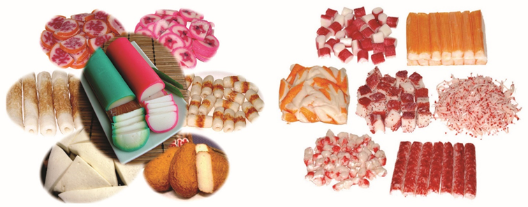 Variedades de produtos à base de surimi em diferentes formatos