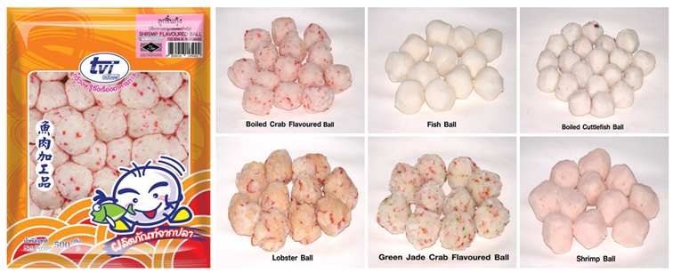 Diversos tipos de bolinhas de surimi com sabores variados