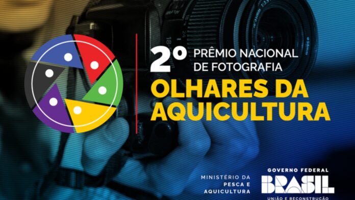 Logotipo do Prêmio Olhares da Aquicultura com câmera ao fundo