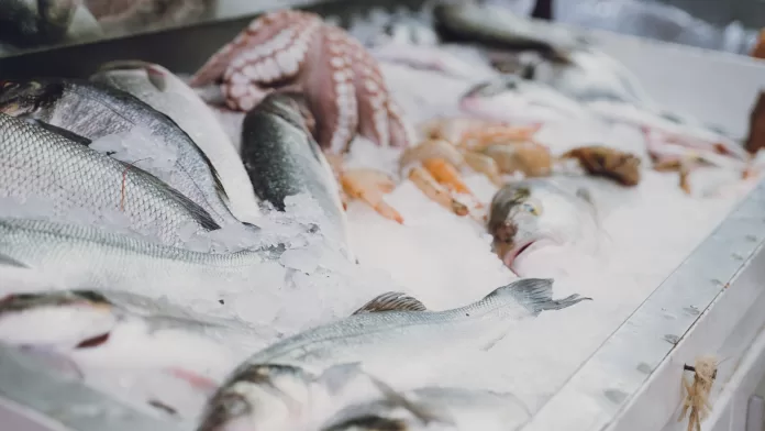Pescados em exposição com gelo em feira ou mercado