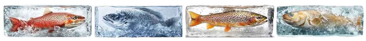 Peixes congelados em blocos de gelo ilustrando o glaciamento aplicado ao pescado