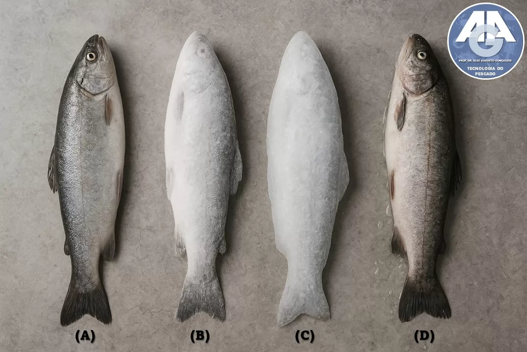 Peixes A–D: fresco, congelado com glaciamento fino, glaciado espesso e descongelado com gotejamento