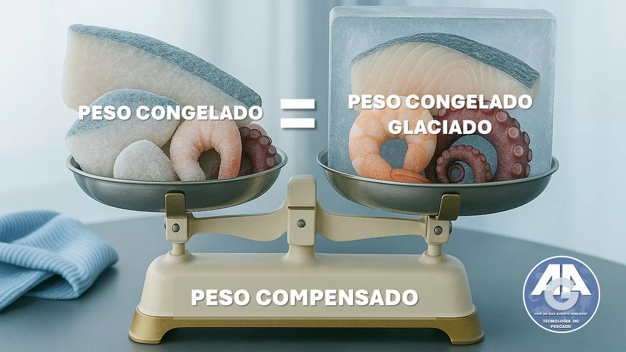 Balança comparando peso congelado com peso glaciado para representar peso compensado