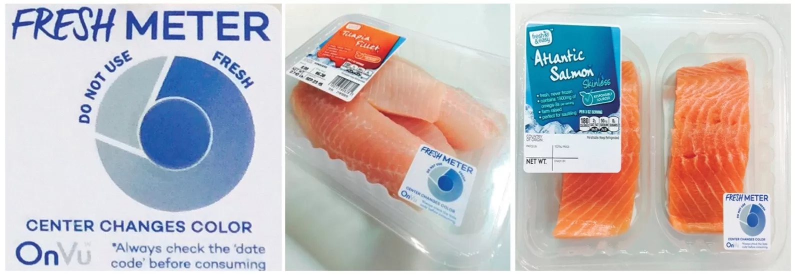 Etiquetas Fresh Meter OnVu para pescado; o centro muda de azul para cinza conforme a perda de frescor.